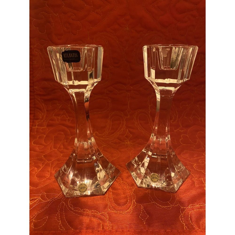 ATLANTIS CRYSTAL SINGLE LIGHT CANDLESTICKS, LOT OF 2,‎ 5-3/4", URSA PATTERN